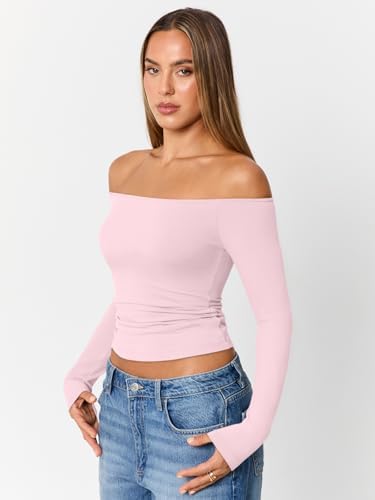 Trendy Queen Womens Long Sleeve Off The Shoulder Tops Going Out Cute Basic Y2K Fall Fashion 2025 Outfits Clothes