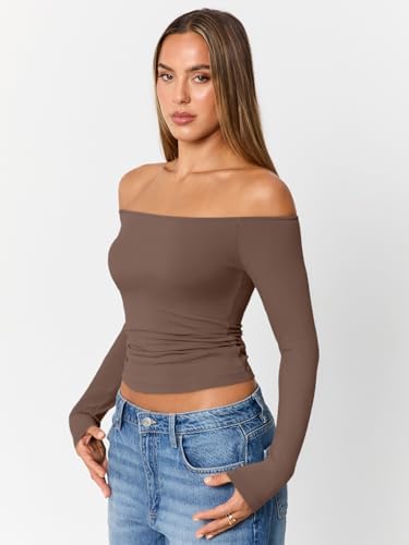 Trendy Queen Womens Long Sleeve Off The Shoulder Tops Going Out Cute Basic Y2K Fall Fashion 2025 Outfits Clothes