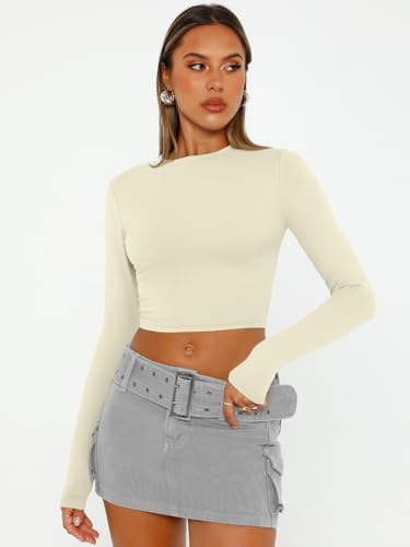Trendy Queen Womens Long Sleeve Crop Tops Basic Slim Fitted Shirts Fashion 2025 Going Out Y2k Tops Teen Girl Clothes