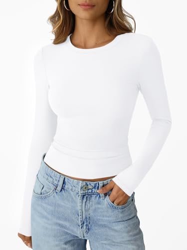 Trendy Queen Womens Long Sleeve T-Shirts Basic Crop Tops 2025 Fall Fashion Outfits Going Out Winter Clothes