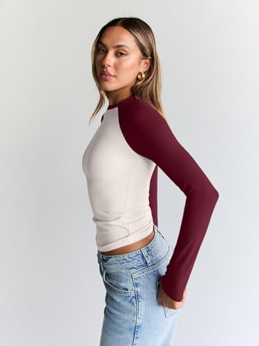 Trendy Queen Women's Long Sleeve Shirts Slim Fit Stretchy Color Block Slightly Cropped Tops