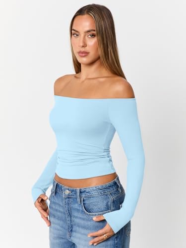 Trendy Queen Womens Long Sleeve Off The Shoulder Tops Going Out Cute Basic Y2K Fall Fashion 2025 Outfits Clothes
