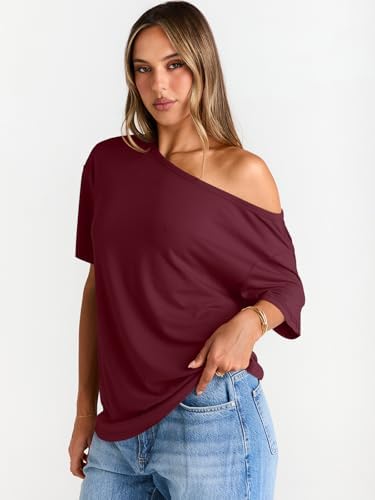 Trendy Queen Womens Off The Shoulder Tops Oversized T-Shirts Short Sleeve Tees Summer 2025 Casual Spring Fashion Clothes