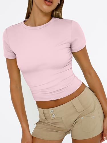 Trendy Queen Womens Short Sleeve T Shirts Summer Crop Tops Basic Slim Fit Gym Workout Y2k Clothes