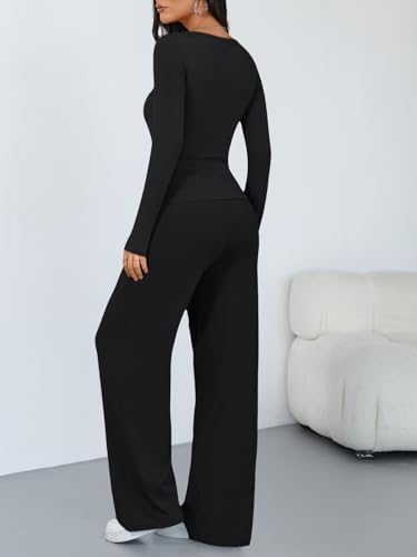 Trendy Queen Women's 2 Piece Matching Lounge Sets Long Sleeve Henley Neck Slightly Crop Top Wide Leg Pants Casual Sweat Suit