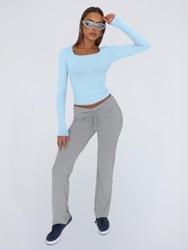 Trendy Queen Womens Long Sleeve Shirts Crop Tops Fall Fashion 2025 Square Neck Going Out Basics Tees Y2k Clothes