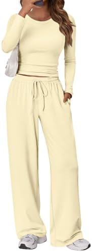 Trendy Queen Women's 2 Piece Matching Lounge Set Long Sleeve Slightly Crop Top Wide Leg Pants Casual Sweatsuit