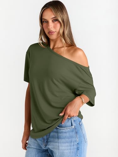 Trendy Queen Womens Off The Shoulder Tops Oversized T-Shirts Short Sleeve Tees Summer 2025 Casual Spring Fashion Clothes