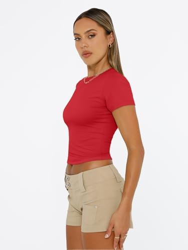 Trendy Queen Womens Short Sleeve T Shirts Summer Crop Tops Basic Slim Fit Gym Workout Y2k Clothes