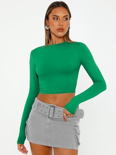Trendy Queen Womens Long Sleeve Crop Tops Basic Slim Fitted Shirts Fashion 2025 Going Out Y2k Tops Teen Girl Clothes