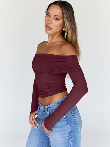Trendy Queen Women Long Sleeve Shirts Off Shoulder Tops Going Out Crop Sexy Slim Fitted Y2K Fall Outfits 2025 Fashion Clothes