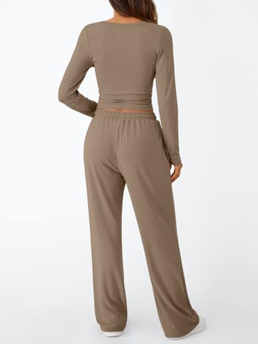 Trendy Queen Women's 2 Piece Matching Lounge Set Long Sleeve Slightly Crop Top Wide Leg Pants Casual Sweatsuit