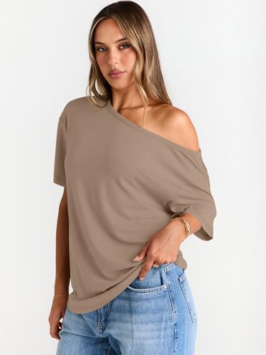 Trendy Queen Womens Off The Shoulder Tops Oversized T-Shirts Short Sleeve Tees Summer 2025 Casual Spring Fashion Clothes