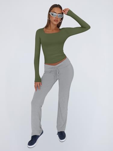 Trendy Queen Womens Long Sleeve Shirts Crop Tops Fall Fashion 2025 Square Neck Going Out Basics Tees Y2k Clothes