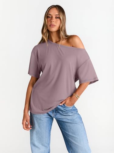 Trendy Queen Womens Off The Shoulder Tops Oversized T-Shirts Short Sleeve Tees Summer 2025 Casual Spring Fashion Clothes