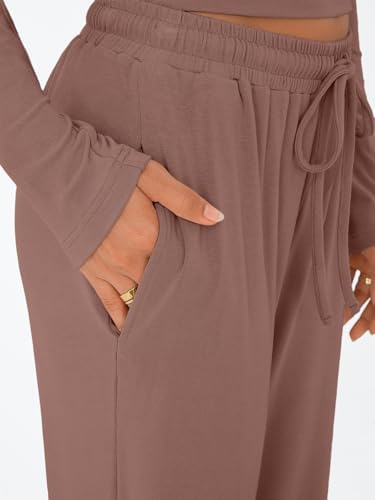 Trendy Queen Women's 2 Piece Matching Lounge Set Long Sleeve Slightly Crop Top Wide Leg Pants Casual Sweatsuit