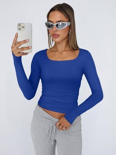 Trendy Queen Womens Long Sleeve Shirts Crop Tops Fall Fashion 2025 Square Neck Going Out Basics Tees Y2k Clothes