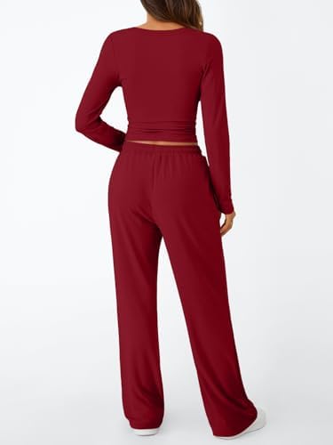 Trendy Queen Women's 2 Piece Matching Lounge Set Long Sleeve Slightly Crop Top Wide Leg Pants Casual Sweatsuit