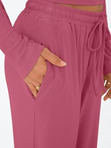 Trendy Queen Women's 2 Piece Matching Lounge Set Long Sleeve Slightly Crop Top Wide Leg Pants Casual Sweatsuit
