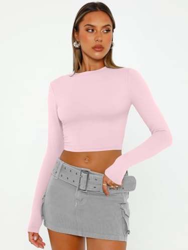 Trendy Queen Womens Long Sleeve Crop Tops Basic Slim Fitted Shirts Fashion 2025 Going Out Y2k Tops Teen Girl Clothes