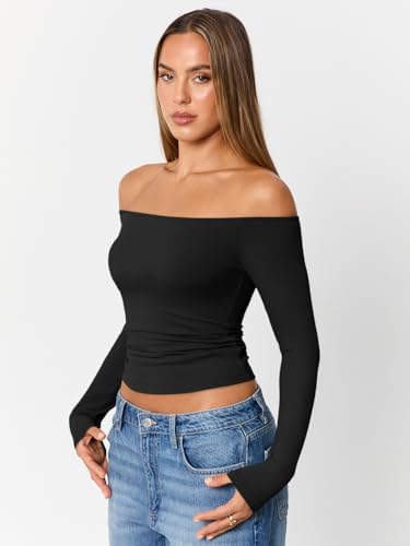 Trendy Queen Womens Long Sleeve Off The Shoulder Tops Going Out Cute Basic Y2K Fall Fashion 2025 Outfits Clothes