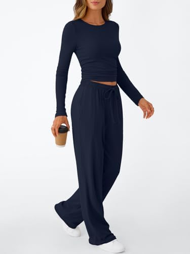 Trendy Queen Women's 2 Piece Matching Lounge Set Long Sleeve Slightly Crop Top Wide Leg Pants Casual Sweatsuit