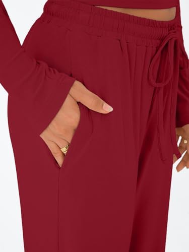 Trendy Queen Women's 2 Piece Matching Lounge Set Long Sleeve Slightly Crop Top Wide Leg Pants Casual Sweatsuit