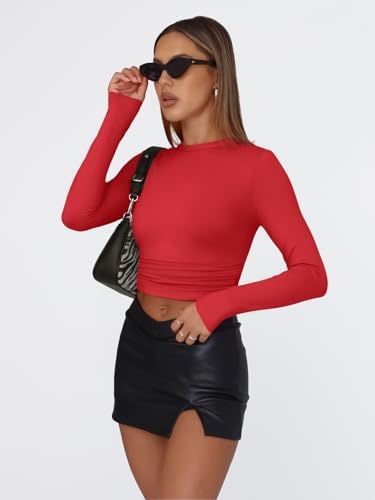 Trendy Queen Womens Long Sleeve T Shirts Fall Fashion 2025 Basic Crop Tops Going Out Outfits Y2k Clothes