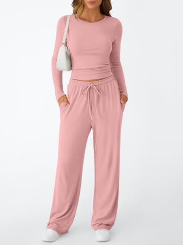 Trendy Queen Women's 2 Piece Matching Lounge Set Long Sleeve Slightly Crop Top Wide Leg Pants Casual Sweatsuit