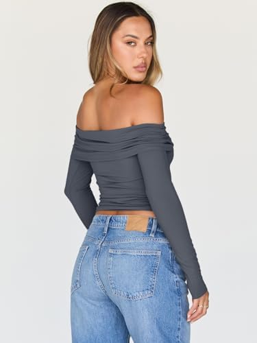 Trendy Queen Women Long Sleeve Shirts Off Shoulder Tops Going Out Crop Sexy Slim Fitted Y2K Fall Outfits 2025 Fashion Clothes