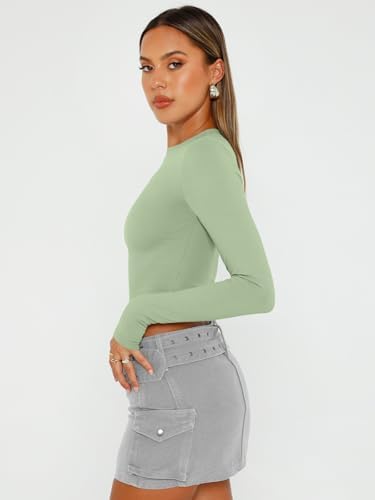 Trendy Queen Womens Long Sleeve Crop Tops Basic Slim Fitted Shirts Fashion 2025 Going Out Y2k Tops Teen Girl Clothes