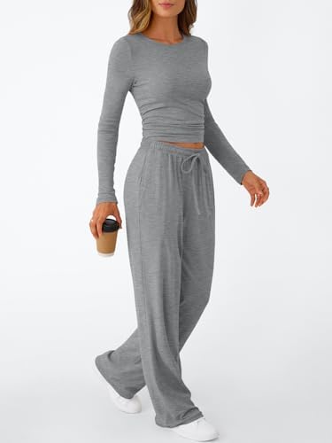 Trendy Queen Women's 2 Piece Matching Lounge Set Long Sleeve Slightly Crop Top Wide Leg Pants Casual Sweatsuit