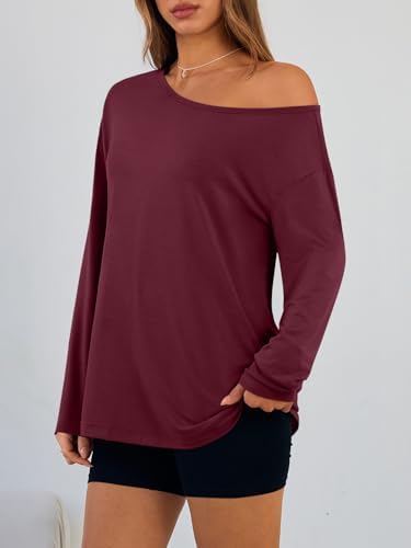 Trendy Queen Womens Off The Shoulder Tops Oversized Tshirts Long Sleeve 2025 Casual Basic Tees