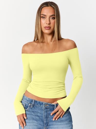 Trendy Queen Womens Long Sleeve Off The Shoulder Tops Going Out Cute Basic Y2K Fall Fashion 2025 Outfits Clothes