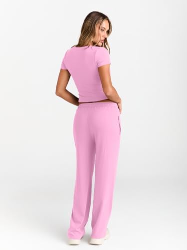 Trendy Queen 2 Piece Matching Summer Sweatsuit Lounge Set Womens Wide Leg Pants Side Ruching Crop Top Sets