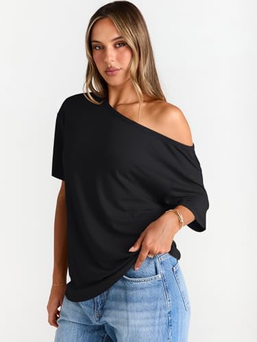 Trendy Queen Womens Off The Shoulder Tops Oversized T-Shirts Short Sleeve Tees Summer 2025 Casual Spring Fashion Clothes