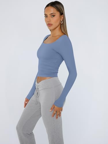 Trendy Queen Womens Long Sleeve Shirts Crop Tops Fall Fashion 2025 Square Neck Going Out Basics Tees Y2k Clothes