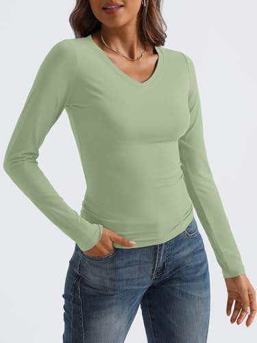 Trendy Queen Long Sleeve Shirts for Women 2025 Fall Fashion V Neck Basics Crop Tops Slim Fitted Y2K Tops Outfits Clothes