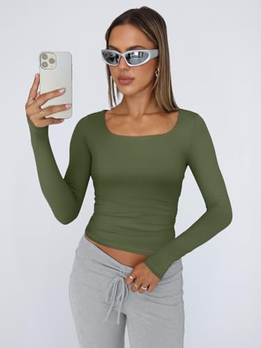 Trendy Queen Womens Long Sleeve Shirts Crop Tops Fall Fashion 2025 Square Neck Going Out Basics Tees Y2k Clothes