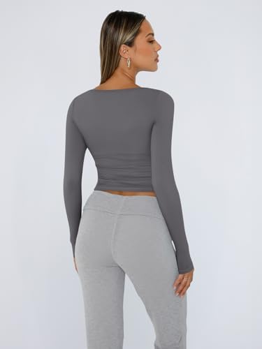 Trendy Queen Womens Long Sleeve Shirts Crop Tops Fall Fashion 2025 Square Neck Going Out Basics Tees Y2k Clothes