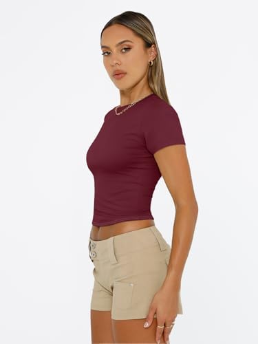 Trendy Queen Womens Short Sleeve T Shirts Summer Crop Tops Basic Slim Fit Gym Workout Y2k Clothes