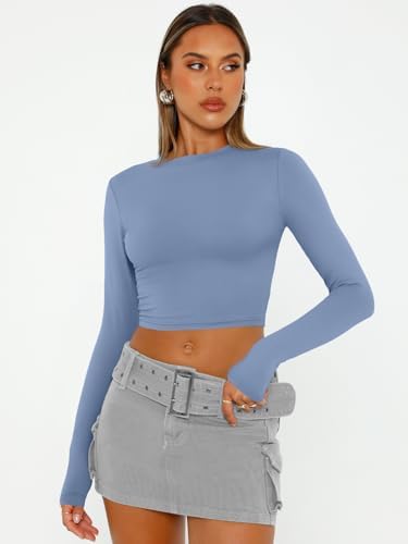 Trendy Queen Womens Long Sleeve Crop Tops Basic Slim Fitted Shirts Fashion 2025 Going Out Y2k Tops Teen Girl Clothes