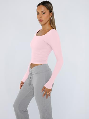 Trendy Queen Womens Long Sleeve Shirts Crop Tops Fall Fashion 2025 Square Neck Going Out Basics Tees Y2k Clothes