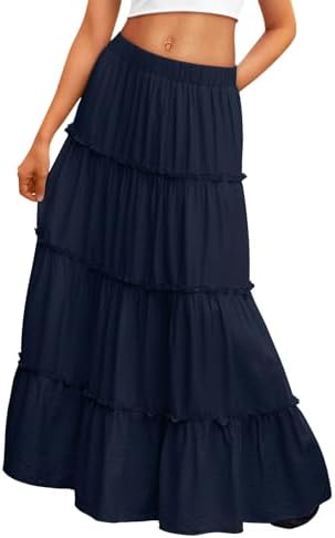 Trendy Queen Long Skirts for Women Boho Maxi Skirt Summer Swing Tiered A-Line Elastic High Waist Dress with Pockets Fashion