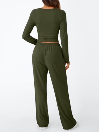 Trendy Queen Women's 2 Piece Matching Lounge Set Long Sleeve Slightly Crop Top Wide Leg Pants Casual Sweatsuit