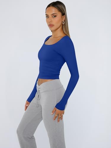Trendy Queen Womens Long Sleeve Shirts Crop Tops Fall Fashion 2025 Square Neck Going Out Basics Tees Y2k Clothes