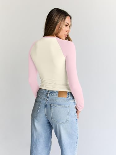Trendy Queen Women's Long Sleeve Shirts Slim Fit Stretchy Color Block Slightly Cropped Tops