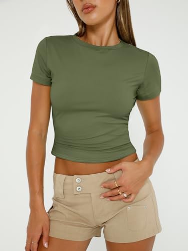 Trendy Queen Womens Short Sleeve T Shirts Summer Crop Tops Basic Slim Fit Gym Workout Y2k Clothes