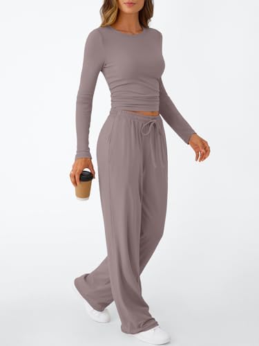 Trendy Queen Women's 2 Piece Matching Lounge Set Long Sleeve Slightly Crop Top Wide Leg Pants Casual Sweatsuit