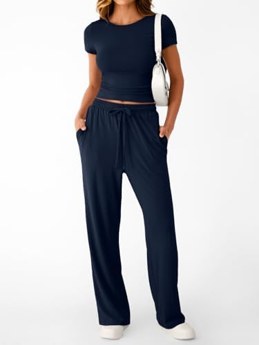 Trendy Queen 2 Piece Matching Summer Sweatsuit Lounge Set Womens Wide Leg Pants Side Ruching Crop Top Sets